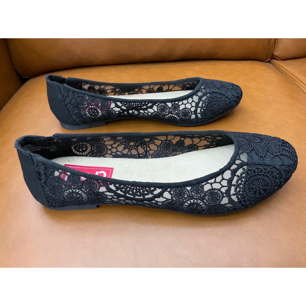 POP Maybel Ballet Flats Womens 9 Black Lace Mesh Memory Foam Comfort